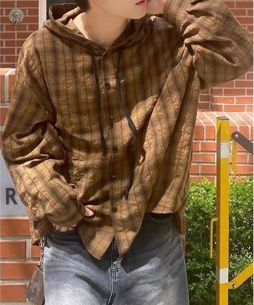 AsheKsha(アシクシャ)の「パーカー付きチェックゆったり長袖シャツアウター(シャツ/ブラウス・レディース・グレー/ブルー/ブラウン・M)」の13枚目の写真