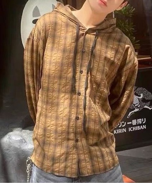 AsheKsha(アシクシャ)の「パーカー付きチェックゆったり長袖シャツアウター(シャツ/ブラウス・レディース・グレー/ブルー/ブラウン・M)」の17枚目の写真