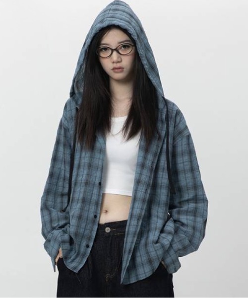 AsheKsha(アシクシャ)の「パーカー付きチェックゆったり長袖シャツアウター(シャツ/ブラウス・レディース・グレー/ブルー/ブラウン・M)」の18枚目の写真