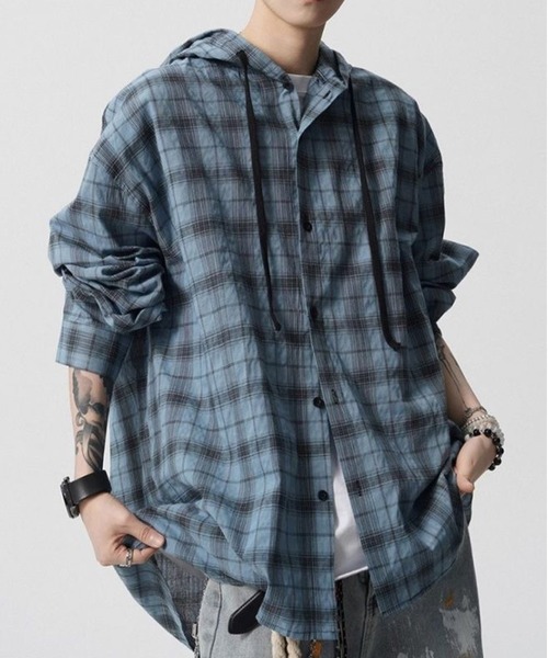 AsheKsha(アシクシャ)の「パーカー付きチェックゆったり長袖シャツアウター(シャツ/ブラウス・レディース・グレー/ブルー/ブラウン・M)」の19枚目の写真