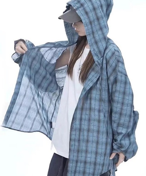AsheKsha(アシクシャ)の「パーカー付きチェックゆったり長袖シャツアウター(シャツ/ブラウス・レディース・グレー/ブルー/ブラウン・M)」の20枚目の写真