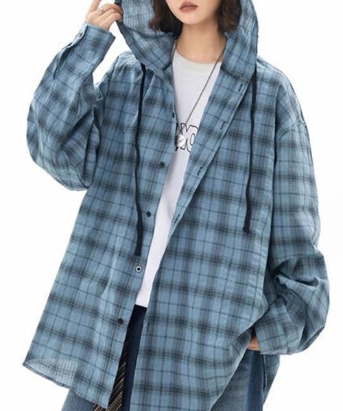 AsheKsha(アシクシャ)の「パーカー付きチェックゆったり長袖シャツアウター(シャツ/ブラウス・レディース・グレー/ブルー/ブラウン・M)」の22枚目の写真