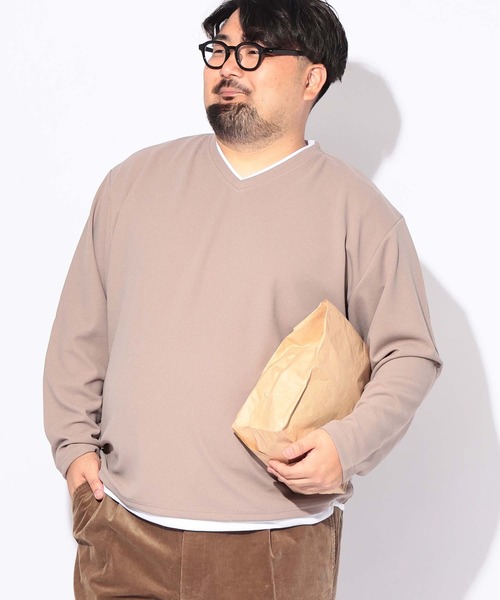 B&T CLUB(ビーティークラブ)の「Tシャツ 長袖 メンズ 大きいサイズ フェイクレイヤード Vネックカルゼジョーゼット B&T CLUB (ビーアンドティークラブ)(Tシャツ/カットソー・メンズ・ベージュ/ブラック・X1(3L~4L)/X2(4L~5L))」の1枚目の写真