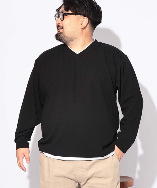 B&T CLUB(ビーティークラブ)の「Tシャツ 長袖 メンズ 大きいサイズ フェイクレイヤード Vネックカルゼジョーゼット B&T CLUB (ビーアンドティークラブ)(Tシャツ/カットソー・メンズ・ベージュ/ブラック・X1(3L~4L)/X2(4L~5L))」の2枚目の写真