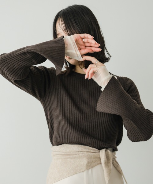 Bab（バブ）の「チュールレイヤードリブニットトップス（クルーネック）（ニット/セーター・レディース・ホワイト系その他/グレー/ブラウン/ブラック/ピンク/グレー系その他3・FREE）」の5枚目の写真