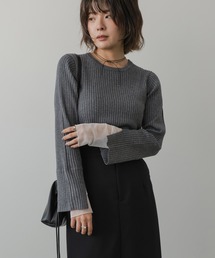 チュールレイヤードリブニットトップス（クルーネック）