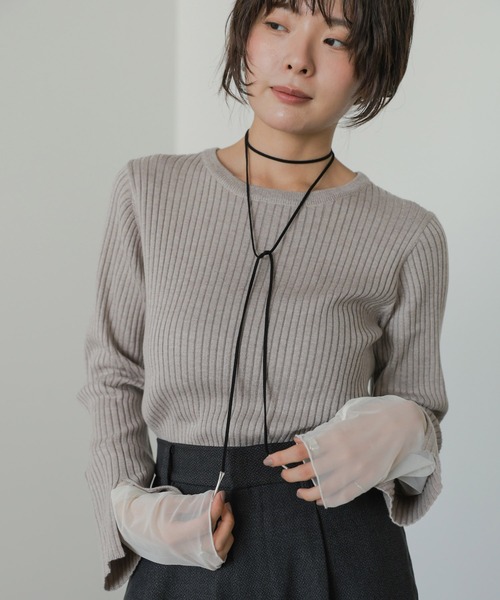 Bab（バブ）の「チュールレイヤードリブニットトップス（クルーネック）（ニット/セーター・レディース・ホワイト系その他/グレー/ブラウン/ブラック/ピンク/グレー系その他3・FREE）」の4枚目の写真