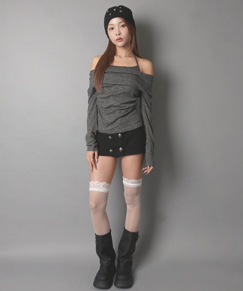 SPINNS(スピンズ)の「キャミソールレイヤード風長袖ドレープカットソー/ホルターネック/ストーン/ガールズストリート(Tシャツ/カットソー・レディース・モカ/ブラック/オフホワイト・ONESIZE)」の7枚目の写真