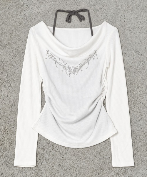 SPINNS(スピンズ)の「キャミソールレイヤード風長袖ドレープカットソー/ホルターネック/ストーン/ガールズストリート(Tシャツ/カットソー・レディース・モカ/ブラック/オフホワイト・ONESIZE)」の14枚目の写真
