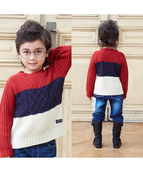 BREEZE（ブリーズ）の「ネット限定 配色切替ニットセーター（ニット/セーター・キッズ・ネイビー/レッド/キナリ・140/120/130/95/110/100/90/80）」の8枚目の写真