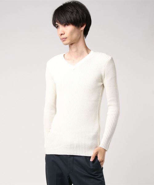 Request(リクエスト)の「【REQUEST】 2重臼リブ編み Vネック ニット(ニット/セーター・メンズ・ホワイト/ブラック/トップグレー/ネイビー/ボルドー・1/2/3)」の2枚目の写真