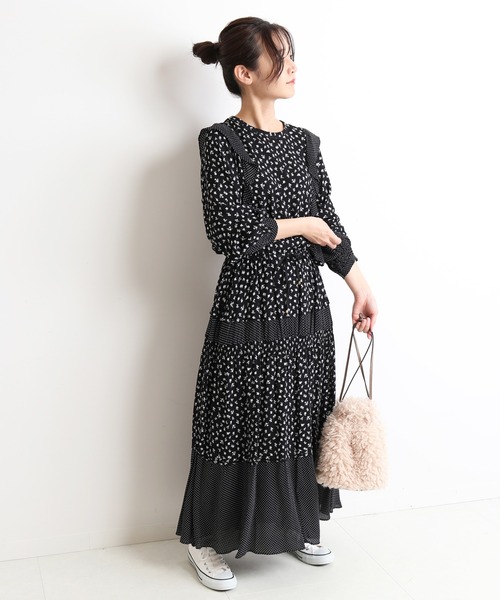 SLOBE IENA フラワープリント　ロングワンピース　モノトーン　美品 SLOBE IENA - DESIGNERS SOCIETY / SLOBE別注 フラワーロング
