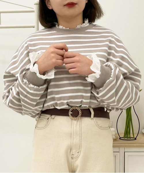 apres jour（アプレジュール）の「ボーダー袖ボリュームトップス【ZOZOTOWN限定アイテム】（Tシャツ/カットソー・レディース・オフホワイト/ラベンダー/ベージュ/ミント・X-LARGE/フリー）」の6枚目の写真