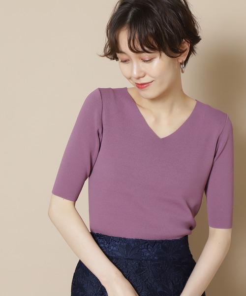 N.(N. Natural Beauty Basic)(エヌエヌナチュラルビューティーベーシック)の「総針Vネックニット 五分袖(ニット/セーター・レディース・ベージュ/イエロー/パープル/ネイビー/ホワイト/ダークパープル/ホワイト×ネイビー/ブラック/ブルー/オフホワイト・MEDIUM)」の9枚目の写真