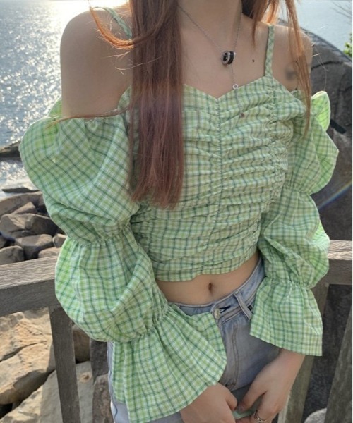 SONA(ソナ)の「SONYUNARA オフショルダーチェックブラウス(シャツ/ブラウス・レディース・グリーン・FREE)」の8枚目の写真