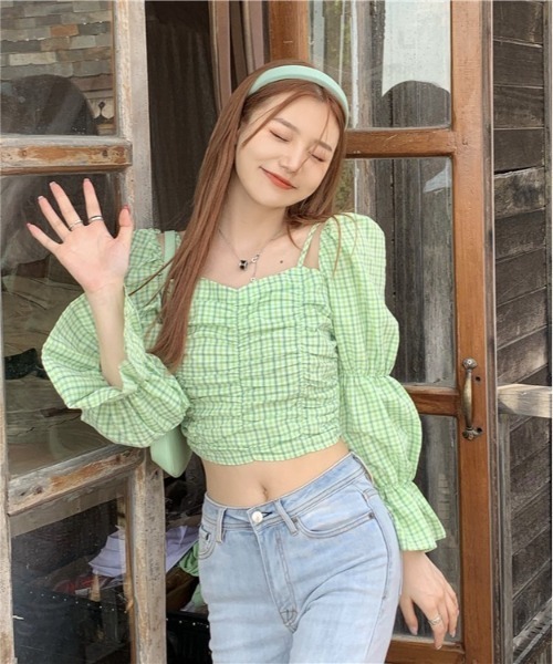 SONA(ソナ)の「SONYUNARA オフショルダーチェックブラウス(シャツ/ブラウス・レディース・グリーン・FREE)」の6枚目の写真