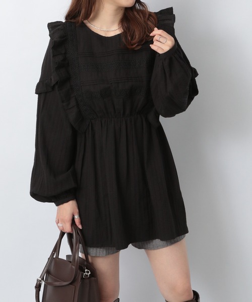 Heather(ヘザー)の「コットンフリルチュニック 218110(シャツ/ブラウス・レディース・ホワイト/ブラック/ブルーグレー・FREE)」の2枚目の写真