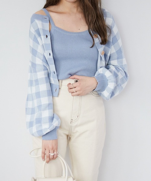 Heather（ヘザー）の「ハイゲージギンガムチェックカーデキャミSET　219256（ニット/セーター・レディース・ブルー系その他/ブラック系その他/ブラウン系その他・FREE）」の3枚目の写真