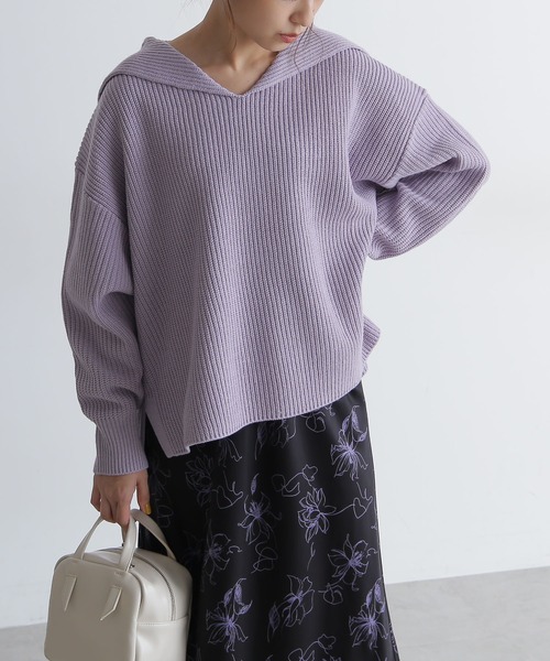 FREE'S MART(フリーズマート)の「◆セーラーカラー畦チュニックニット(ニット/セーター・レディース・ホワイト/グリーン/パープル・FREE)」の1枚目の写真