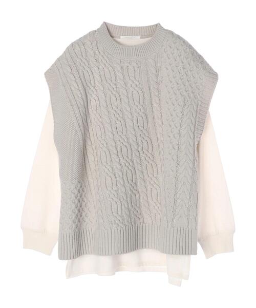 Green　Parks（グリーンパークス）の「SET2点 ケーブルベスト+ロンT＊（ベスト・レディース・グレー/チャコールグレー/ライトベージュ・FREE）」の3枚目の写真