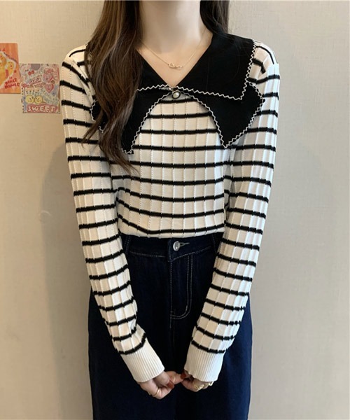 VIBGYOR Women(ヴィブジョー ウィメン)の「【KOREA SELECT】リボン風 ビッグカラー プルオーバー ニット(ニット/セーター・レディース・ホワイト/ブラック/ホワイト系その他/ブラック系その他/ライトベージュ・FREE)」の3枚目の写真