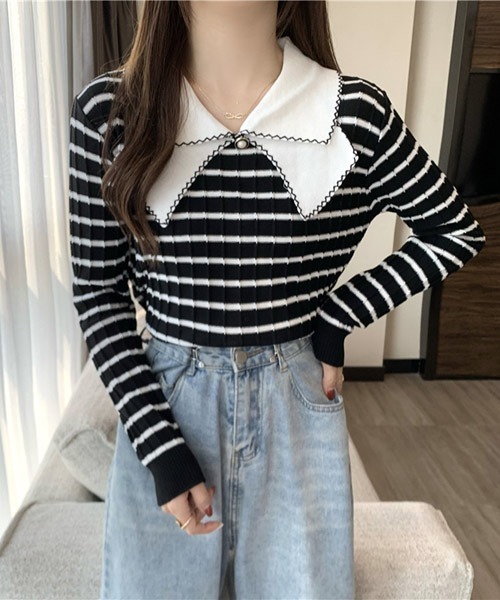 VIBGYOR Women(ヴィブジョー ウィメン)の「【KOREA SELECT】リボン風 ビッグカラー プルオーバー ニット(ニット/セーター・レディース・ホワイト/ブラック/ホワイト系その他/ブラック系その他/ライトベージュ・FREE)」の5枚目の写真