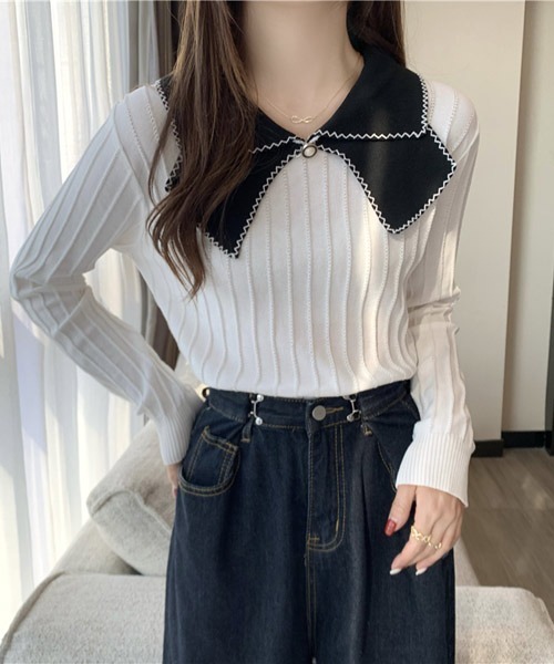 VIBGYOR Women(ヴィブジョー ウィメン)の「【KOREA SELECT】リボン風 ビッグカラー プルオーバー ニット(ニット/セーター・レディース・ホワイト/ブラック/ホワイト系その他/ブラック系その他/ライトベージュ・FREE)」の2枚目の写真