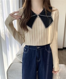 【KOREA SELECT】リボン風 ビッグカラー  プルオーバー ニット