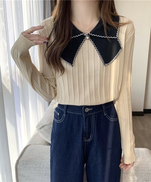 VIBGYOR Women(ヴィブジョー ウィメン)の「【KOREA SELECT】リボン風 ビッグカラー プルオーバー ニット(ニット/セーター・レディース・ホワイト/ブラック/ホワイト系その他/ブラック系その他/ライトベージュ・FREE)」の1枚目の写真