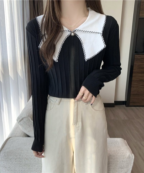 VIBGYOR Women(ヴィブジョー ウィメン)の「【KOREA SELECT】リボン風 ビッグカラー プルオーバー ニット(ニット/セーター・レディース・ホワイト/ブラック/ホワイト系その他/ブラック系その他/ライトベージュ・FREE)」の4枚目の写真