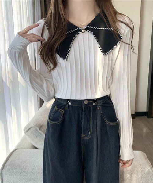 VIBGYOR Women(ヴィブジョー ウィメン)の「【KOREA SELECT】リボン風 ビッグカラー プルオーバー ニット(ニット/セーター・レディース・ホワイト/ブラック/ホワイト系その他/ブラック系その他/ライトベージュ・FREE)」の9枚目の写真