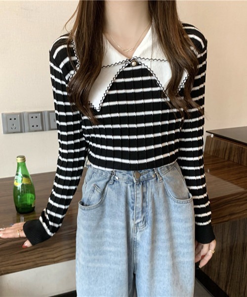 VIBGYOR Women(ヴィブジョー ウィメン)の「【KOREA SELECT】リボン風 ビッグカラー プルオーバー ニット(ニット/セーター・レディース・ホワイト/ブラック/ホワイト系その他/ブラック系その他/ライトベージュ・FREE)」の14枚目の写真