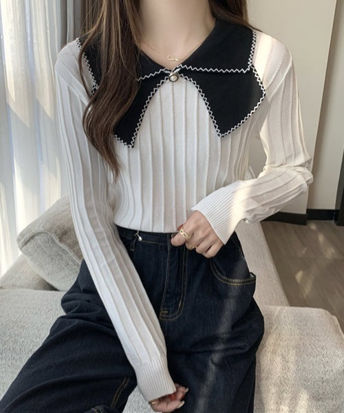 VIBGYOR Women(ヴィブジョー ウィメン)の「【KOREA SELECT】リボン風 ビッグカラー プルオーバー ニット(ニット/セーター・レディース・ホワイト/ブラック/ホワイト系その他/ブラック系その他/ライトベージュ・FREE)」の7枚目の写真