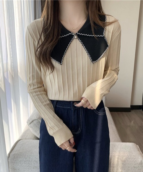 VIBGYOR Women(ヴィブジョー ウィメン)の「【KOREA SELECT】リボン風 ビッグカラー プルオーバー ニット(ニット/セーター・レディース・ホワイト/ブラック/ホワイト系その他/ブラック系その他/ライトベージュ・FREE)」の10枚目の写真