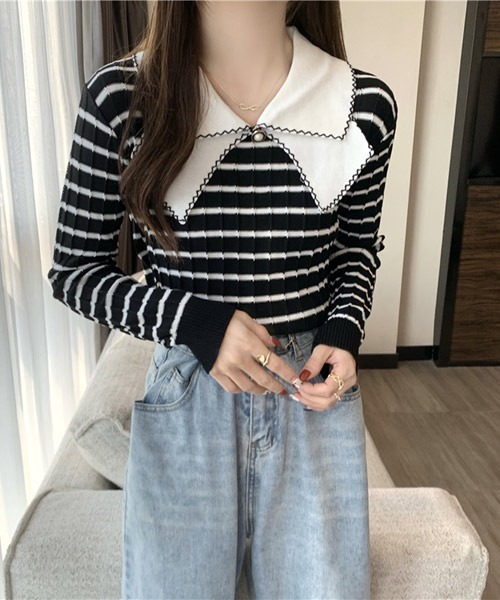 VIBGYOR Women(ヴィブジョー ウィメン)の「【KOREA SELECT】リボン風 ビッグカラー プルオーバー ニット(ニット/セーター・レディース・ホワイト/ブラック/ホワイト系その他/ブラック系その他/ライトベージュ・FREE)」の6枚目の写真