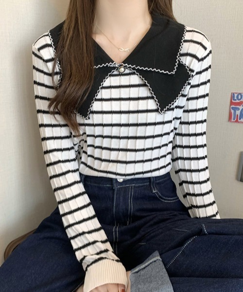 VIBGYOR Women(ヴィブジョー ウィメン)の「【KOREA SELECT】リボン風 ビッグカラー プルオーバー ニット(ニット/セーター・レディース・ホワイト/ブラック/ホワイト系その他/ブラック系その他/ライトベージュ・FREE)」の16枚目の写真