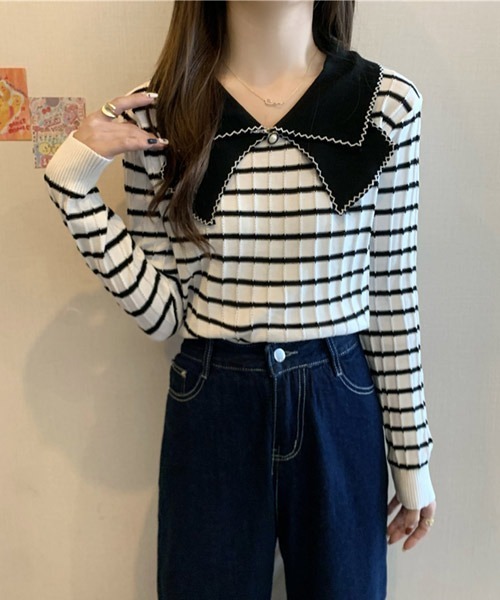 VIBGYOR Women(ヴィブジョー ウィメン)の「【KOREA SELECT】リボン風 ビッグカラー プルオーバー ニット(ニット/セーター・レディース・ホワイト/ブラック/ホワイト系その他/ブラック系その他/ライトベージュ・FREE)」の13枚目の写真