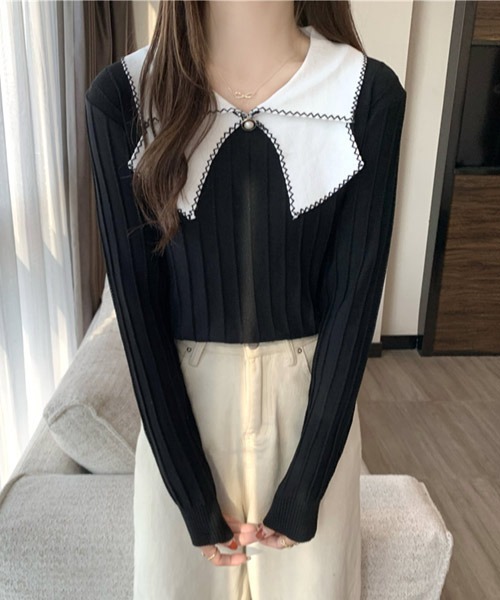 VIBGYOR Women(ヴィブジョー ウィメン)の「【KOREA SELECT】リボン風 ビッグカラー プルオーバー ニット(ニット/セーター・レディース・ホワイト/ブラック/ホワイト系その他/ブラック系その他/ライトベージュ・FREE)」の12枚目の写真