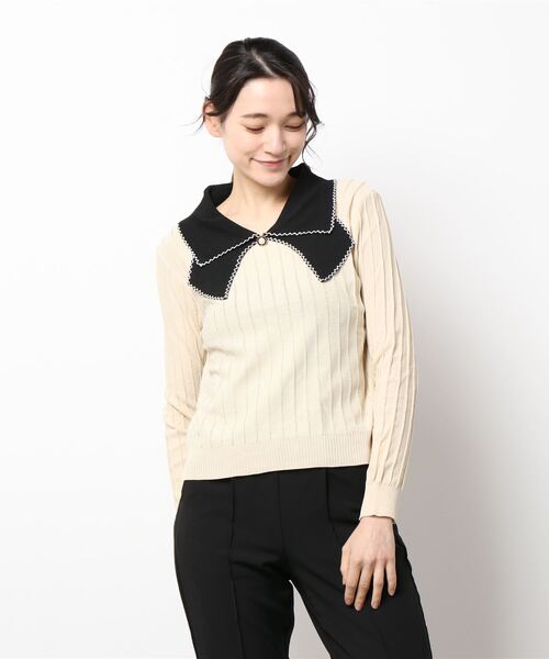 VIBGYOR Women(ヴィブジョー ウィメン)の「【KOREA SELECT】リボン風 ビッグカラー プルオーバー ニット(ニット/セーター・レディース・ホワイト/ブラック/ホワイト系その他/ブラック系その他/ライトベージュ・FREE)」の8枚目の写真