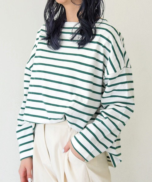 sango(sango)の「長袖ボーダー柄オーバーサイズカットソー(Tシャツ/カットソー・レディース・ホワイト×グリーン/ホワイト×ブラック/ホワイト系その他・FREE)」の2枚目の写真