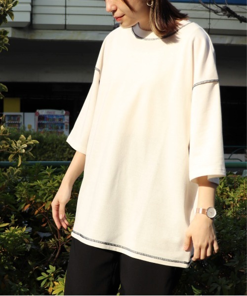 Purple&Yellow(パープルアンドイエロー)の「配色ステッチワイド半袖プルオーバー(Tシャツ/カットソー・メンズ・ホワイト/ブラック/ベージュ/ミント・SMALL/MEDIUM/LARGE)」の2枚目の写真