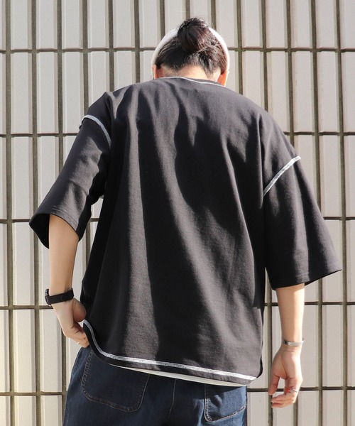 Purple&Yellow(パープルアンドイエロー)の「配色ステッチワイド半袖プルオーバー(Tシャツ/カットソー・メンズ・ホワイト/ブラック/ベージュ/ミント・SMALL/MEDIUM/LARGE)」の6枚目の写真