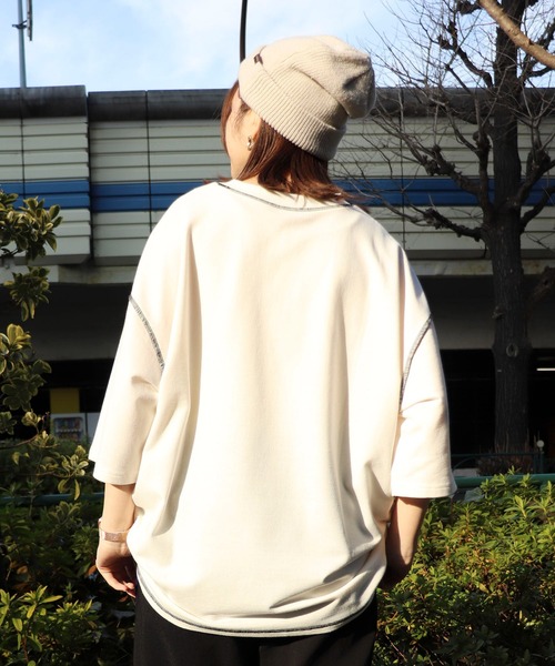 Purple&Yellow(パープルアンドイエロー)の「配色ステッチワイド半袖プルオーバー(Tシャツ/カットソー・メンズ・ホワイト/ブラック/ベージュ/ミント・SMALL/MEDIUM/LARGE)」の9枚目の写真