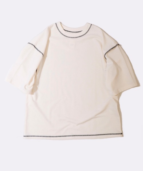 Purple&Yellow(パープルアンドイエロー)の「配色ステッチワイド半袖プルオーバー(Tシャツ/カットソー・メンズ・ホワイト/ブラック/ベージュ/ミント・SMALL/MEDIUM/LARGE)」の10枚目の写真