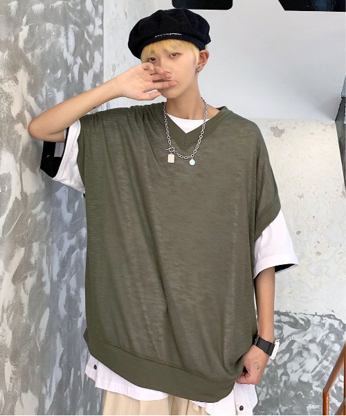 neos（ネオス）の「【neos -addictive design-】ビッグシルエット サマーニット シアー  Vネック ベスト（ベスト・メンズ・チャコールグレー/ブラック/グレー/カーキ/ブルー/スモークピンク・MEDIUM/LARGE）」の4枚目の写真