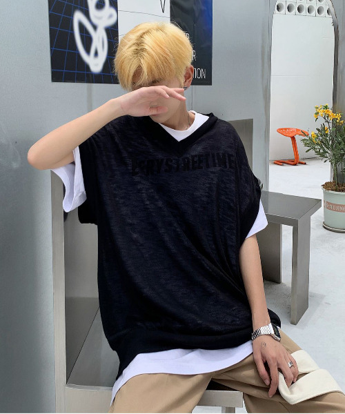 neos（ネオス）の「【neos -addictive design-】ビッグシルエット サマーニット シアー  Vネック ベスト（ベスト・メンズ・チャコールグレー/ブラック/グレー/カーキ/ブルー/スモークピンク・MEDIUM/LARGE）」の9枚目の写真