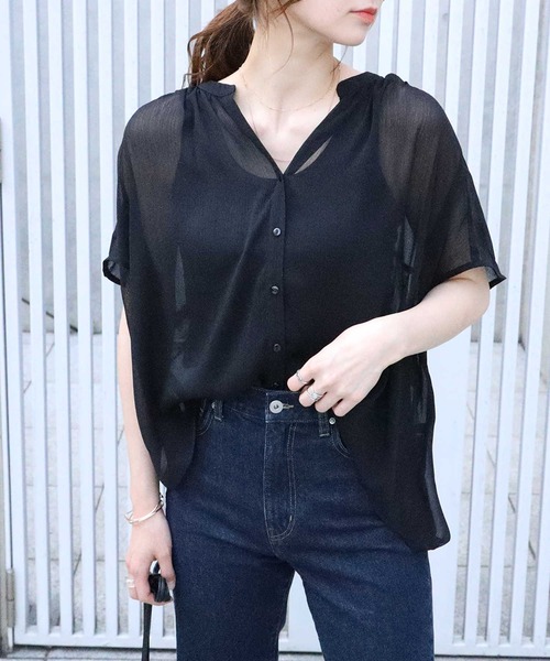 HONEYSUCKLE ROSE（ハニーサックルローズ）の「【HONEYSUCKLE ROSE】楊柳フレンチスリーブシャツ（シャツ/ブラウス・レディース・イエロー/ブラック/ブラウン・L/M）」の2枚目の写真