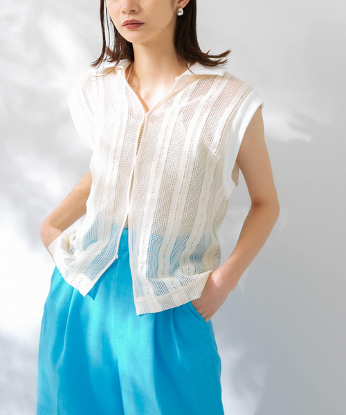 KBF(ケイビーエフ)の「レースノースリーブポロシャツ(ポロシャツ・レディース・ライトブルー/ブラウン/アイボリー・ONE)」の2枚目の写真