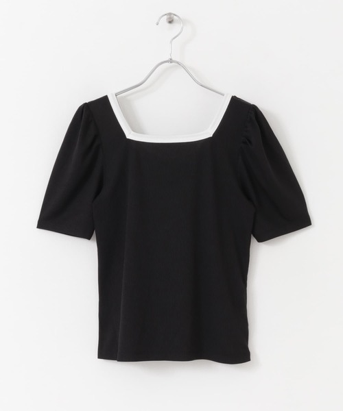 HEYUMM（ヘユム）の「2WAY配色リブトップ（Tシャツ/カットソー・レディース・ブラック/ブルー/グリーン・ONE）」の4枚目の写真