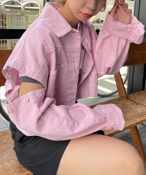 HELLO.SANFRANCISCO（ハローサンフランシスコ）の「【HELLO.SANFRANCISCO/ハローサンフランシスコ】マルチウェイカットアウトクロップドジャケット（デニムジャケット・レディース・ピンク/オレンジ/グリーン・FREE）」の13枚目の写真